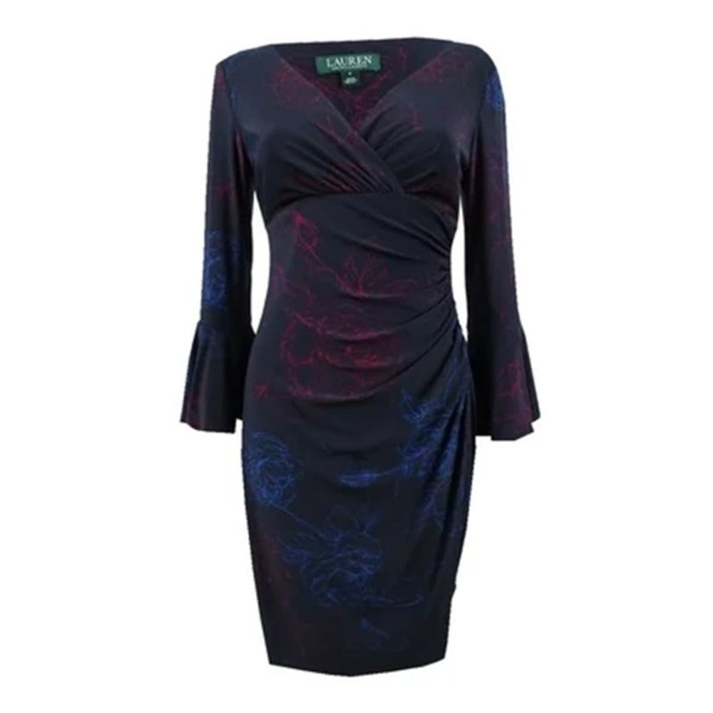 RALPH LAUREN Womens Navy Floral Bell Sleeve V Neck Sheath Formal Dress Size: 18